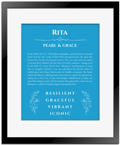 Rita personalized name print with origin and traits in blue with black matte frame