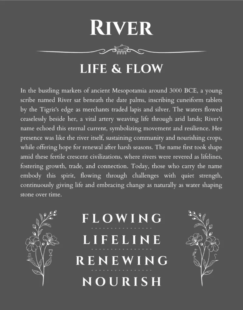 River personalized name art with origin story in gray