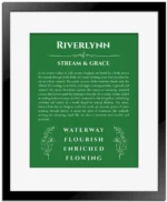 Riverlynn custom name meaning print in dark green with black matte frame
