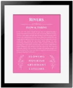 Rivers custom name print for wall display in pink with black matte frame