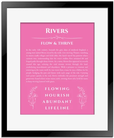 Rivers custom name print for wall display in pink with black matte frame