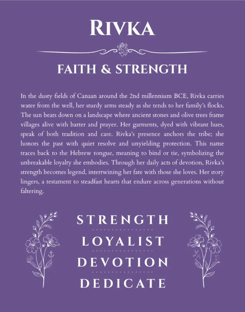Rivka personalized name art with origin story in purple