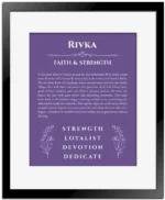 Rivka personalized name art with origin story in purple with black matte frame