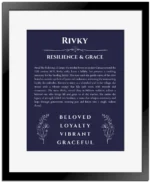 Rivky name origin print with meaning and traits in navy blue with black matte frame