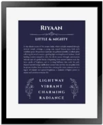 Riyaan personalized name print with origin and traits in navy blue with black matte frame