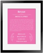 Riyah custom name meaning print in pink with black matte frame
