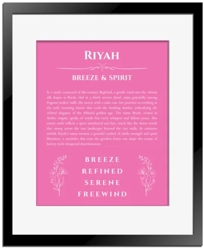 Riyah custom name meaning print in pink with black matte frame