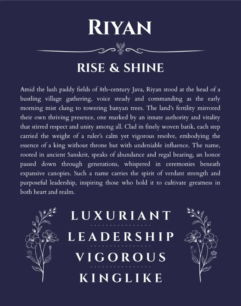 Riyan name origin print with meaning and traits in navy blue