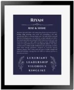 Riyan name origin print with meaning and traits in navy blue with black matte frame