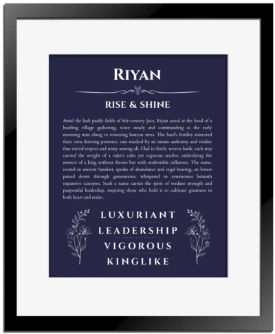 Riyan name origin print with meaning and traits in navy blue with black matte frame