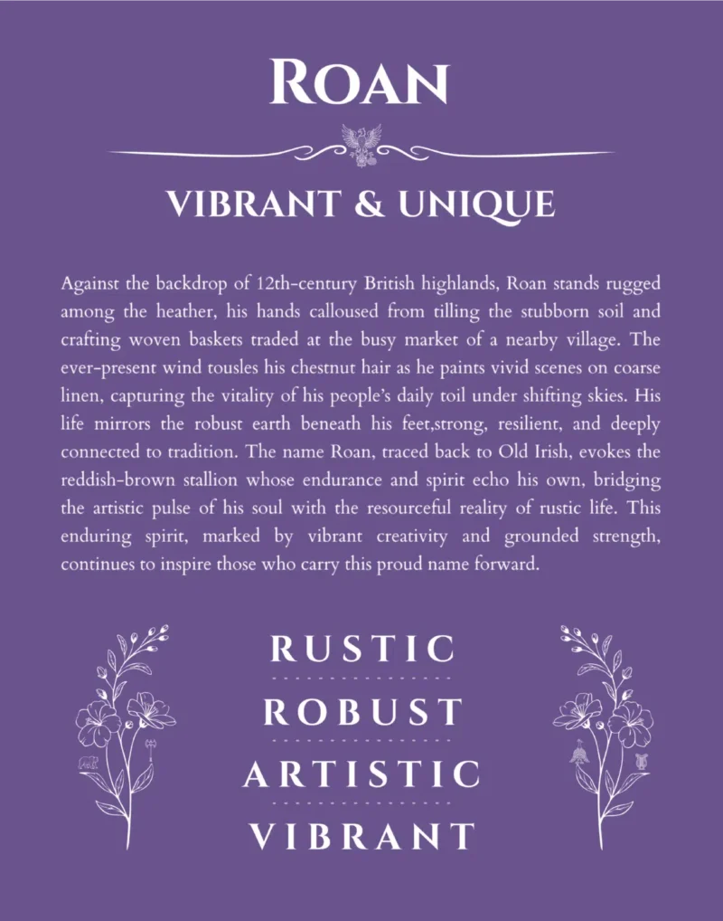 Roan custom name art showing meaning and origin in purple