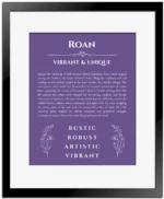 Roan custom name art showing meaning and origin in purple with black matte frame