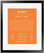 Robbie custom name art showing meaning and origin in orange with black matte frame