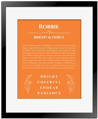 Robbie custom name art showing meaning and origin in orange with black matte frame