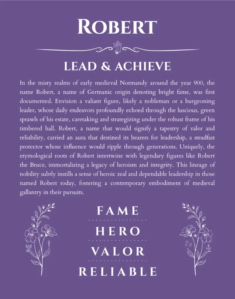 Robert personalized name print with origin and traits in purple