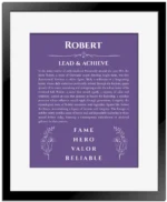 Robert personalized name print with origin and traits in purple with black matte frame