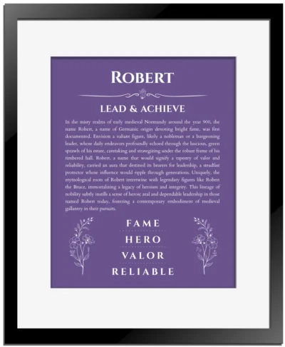 Robert personalized name print with origin and traits in purple with black matte frame