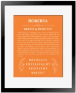 Roberta personalized name art with origin story in orange with black matte frame