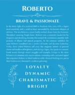 Roberto personalized name art with origin story in blue