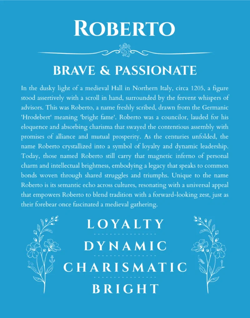 Roberto personalized name art with origin story in blue