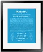 Roberto personalized name art with origin story in blue with black matte frame