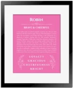 Robin personalized name meaning print in pink with black matte frame