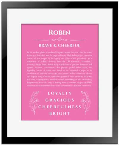 Robin personalized name meaning print in pink with black matte frame