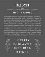 Robyn name origin print with meaning and traits in gray