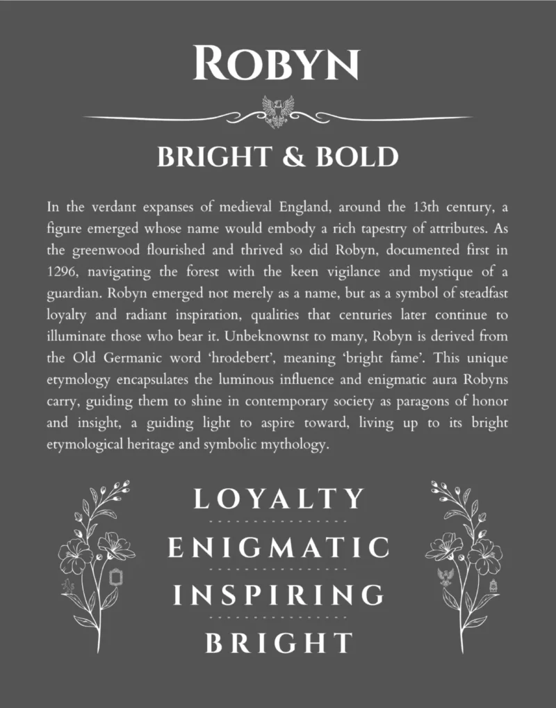 Robyn name origin print with meaning and traits in gray