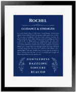 Rochel personalized wall art with the story of your name in deep blue with black matte frame