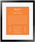 Rocio custom name meaning print in orange with black matte frame