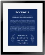 Rockwell personalized name meaning print in deep blue with black matte frame