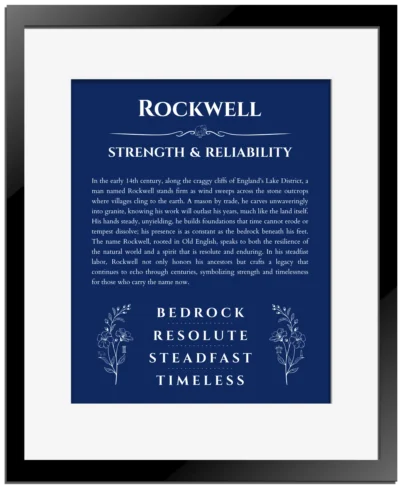 Rockwell personalized name meaning print in deep blue with black matte frame