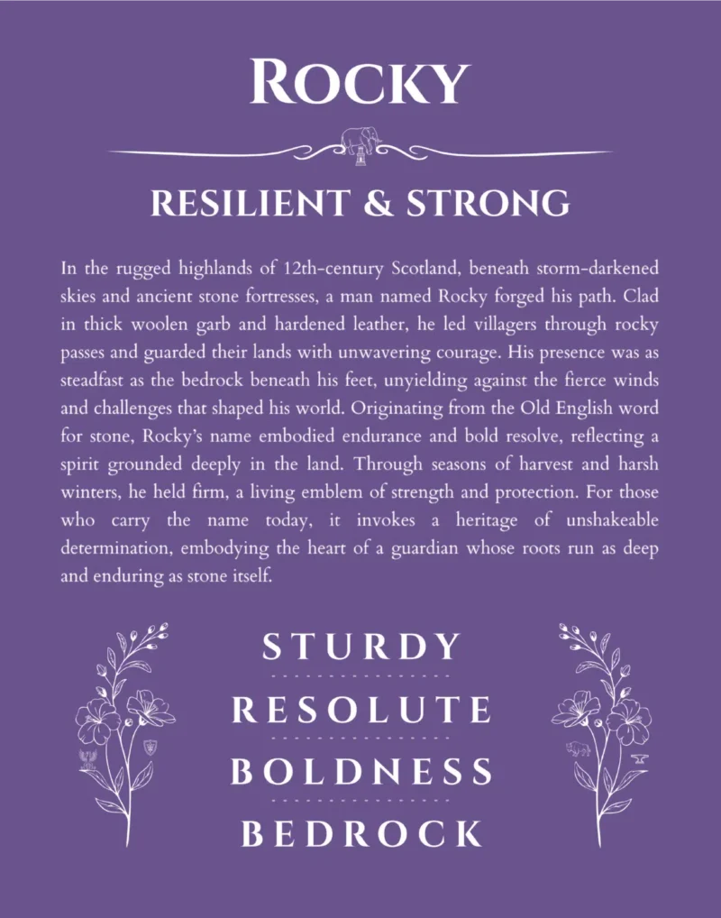 Rocky custom name meaning print in purple