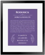 Roderick custom name meaning print in purple with black matte frame