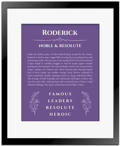 Roderick custom name meaning print in purple with black matte frame