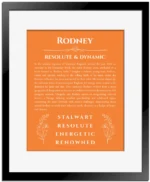 Rodney custom name meaning print in orange with black matte frame