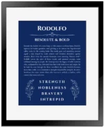 Rodolfo custom name meaning print in deep blue with black matte frame
