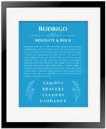 Rodrigo custom name print for wall display in blue with black matte frame
