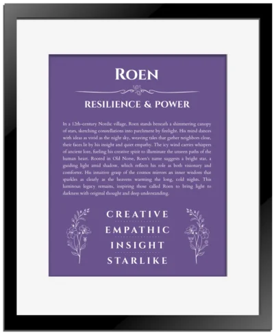 Roen name meaning gift print in purple with black matte frame