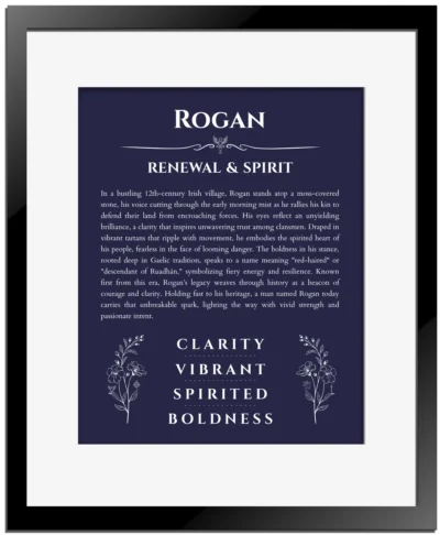 Rogan name meaning wall art by Get Your Story in navy blue with black matte frame