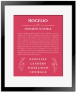 Rogelio personalized name print with origin and traits in red with black matte frame