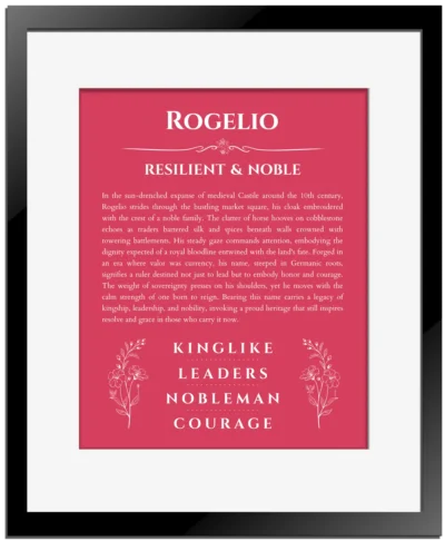 Rogelio personalized name print with origin and traits in red with black matte frame