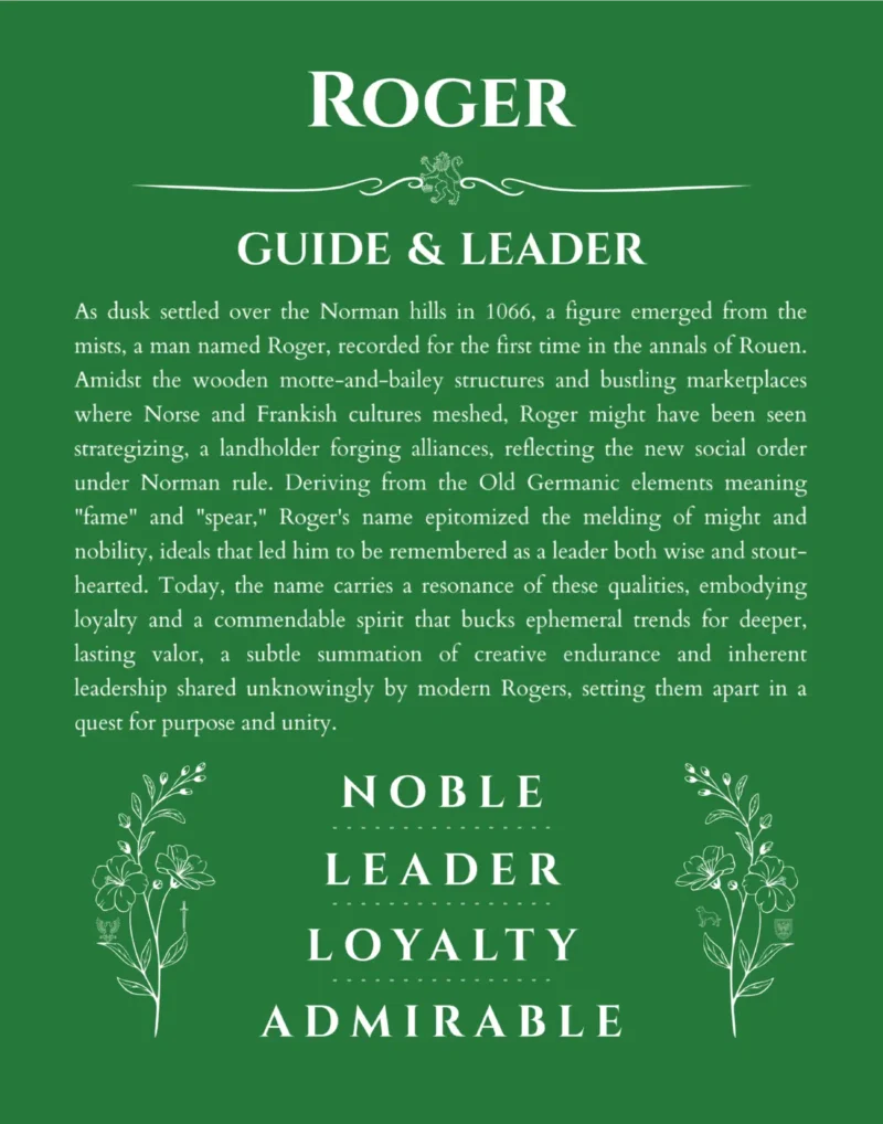 Roger personalized name print with origin and traits in dark green