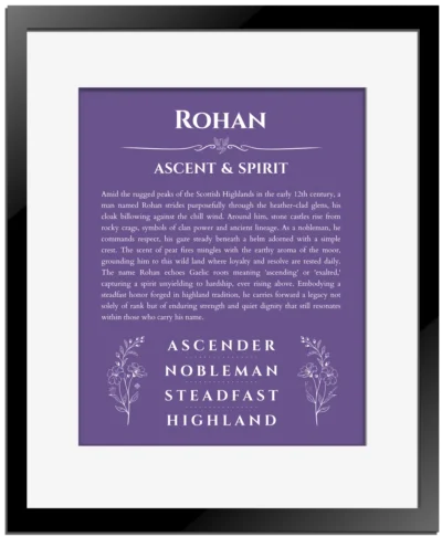 Rohan name meaning wall art by Get Your Story in purple with black matte frame