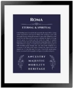 Roma personalized name meaning print in navy blue with black matte frame