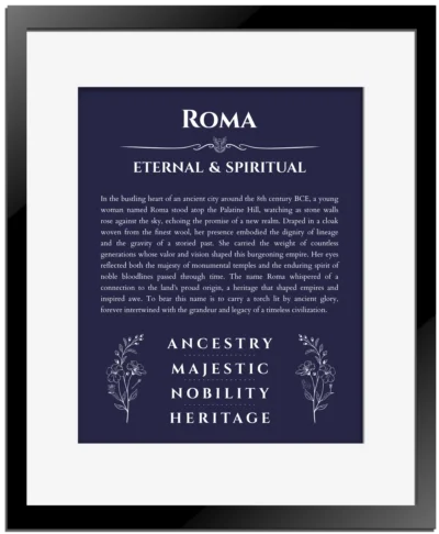 Roma personalized name meaning print in navy blue with black matte frame