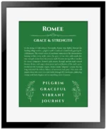 Romee name meaning gift print in dark green with black matte frame