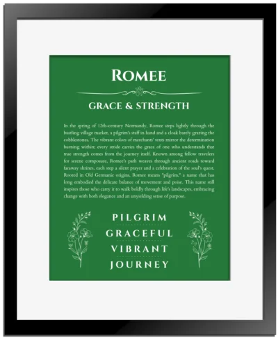 Romee name meaning gift print in dark green with black matte frame