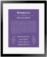 Romello personalized name meaning print in purple with black matte frame